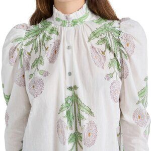 Alix Of Bohemia White Floral Button-Down Shirt with Green Accents